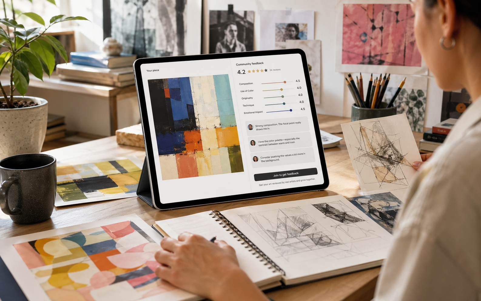 Artist workspace with artwork and critique scoring interface